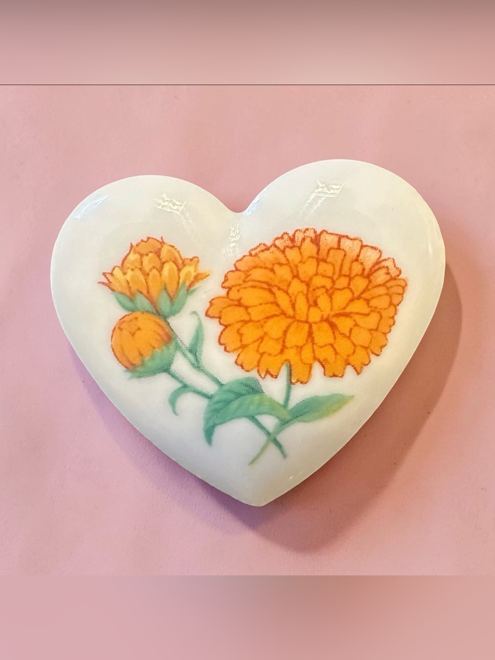 Vintage Avon Heart-Shaped Ceramic Brooch with Orange Marigold Design